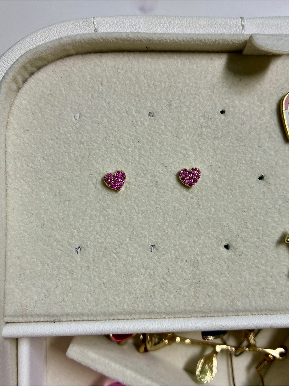 Gold Heart Stud Earrings with Pink Gemstones